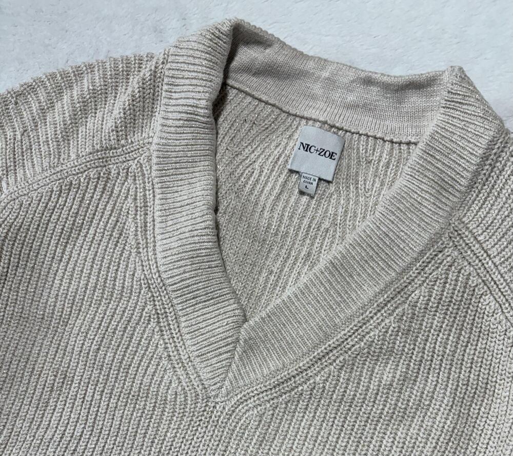 NIC+ZOE Sweater Womens Large Beige V-Neck Metallic Lurex Raglan Ribbed Trim